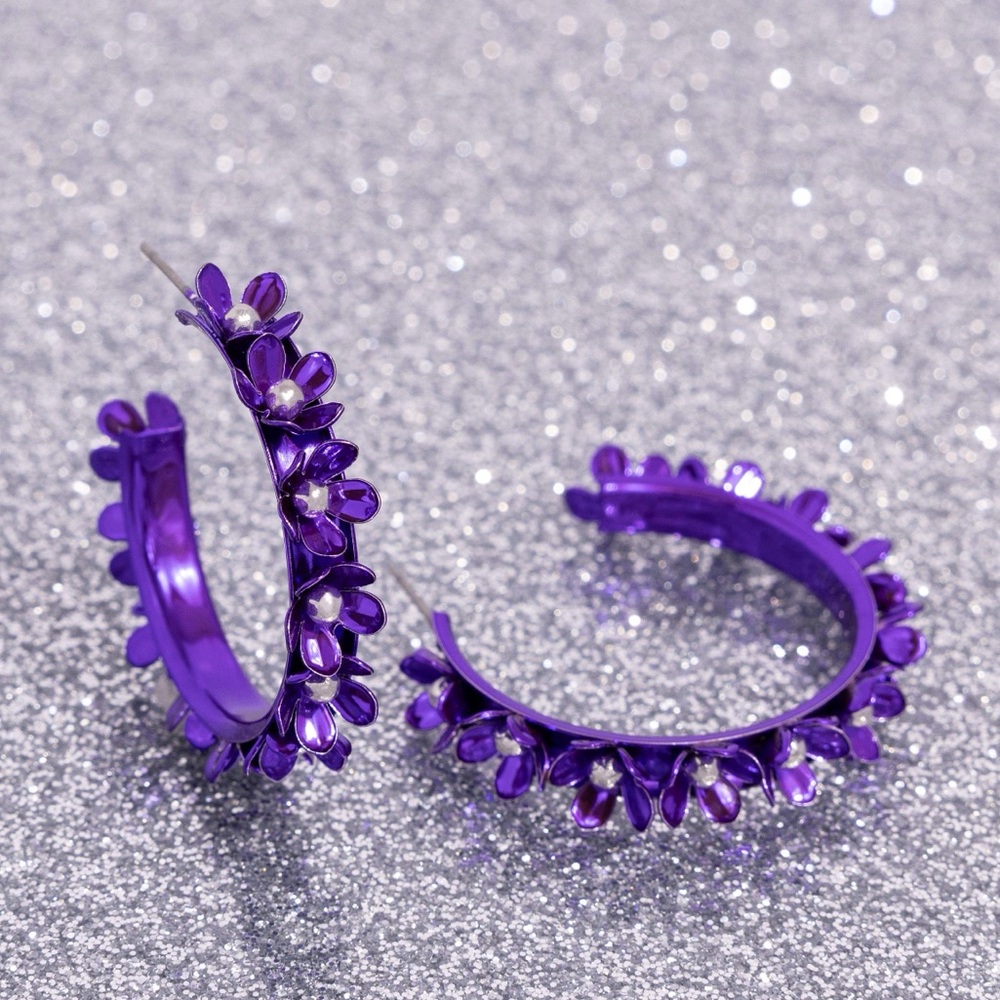 Purple Chrome Flower Hoop Earrings